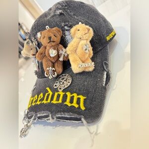 Black Denim Cap with Teddy Bear Accents